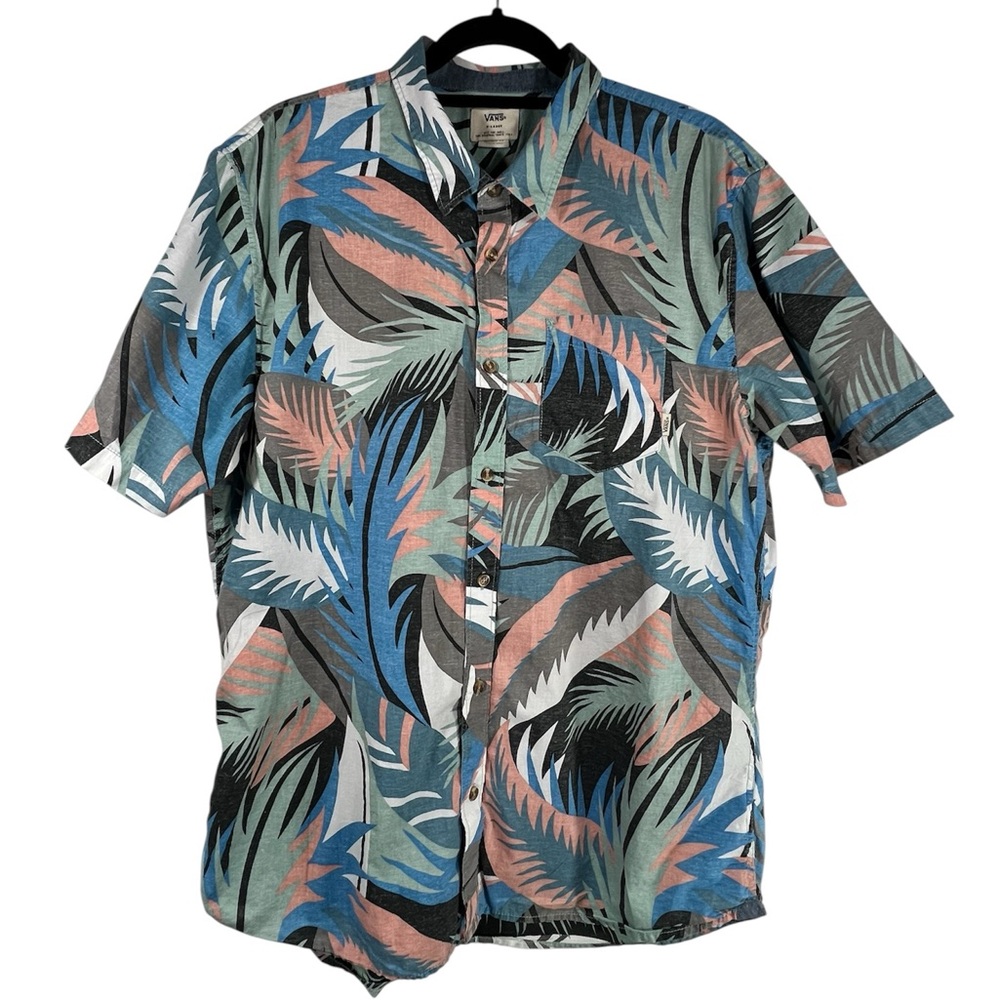 Vans Leaf Print Hawaiian Button Up Dress Shirt Mens XL Tailored Fit Blue Green